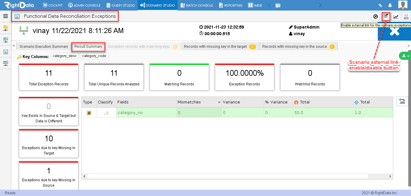 Add external link option in exceptions results summary page – FDR, TDR ...