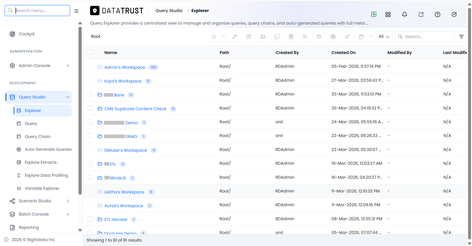 Query Studio Explorer showing Query Chain option