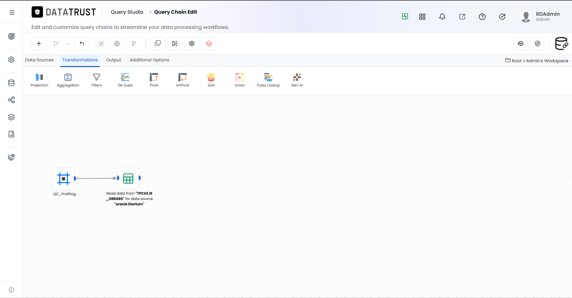 Transformations tab selected in Query Chain