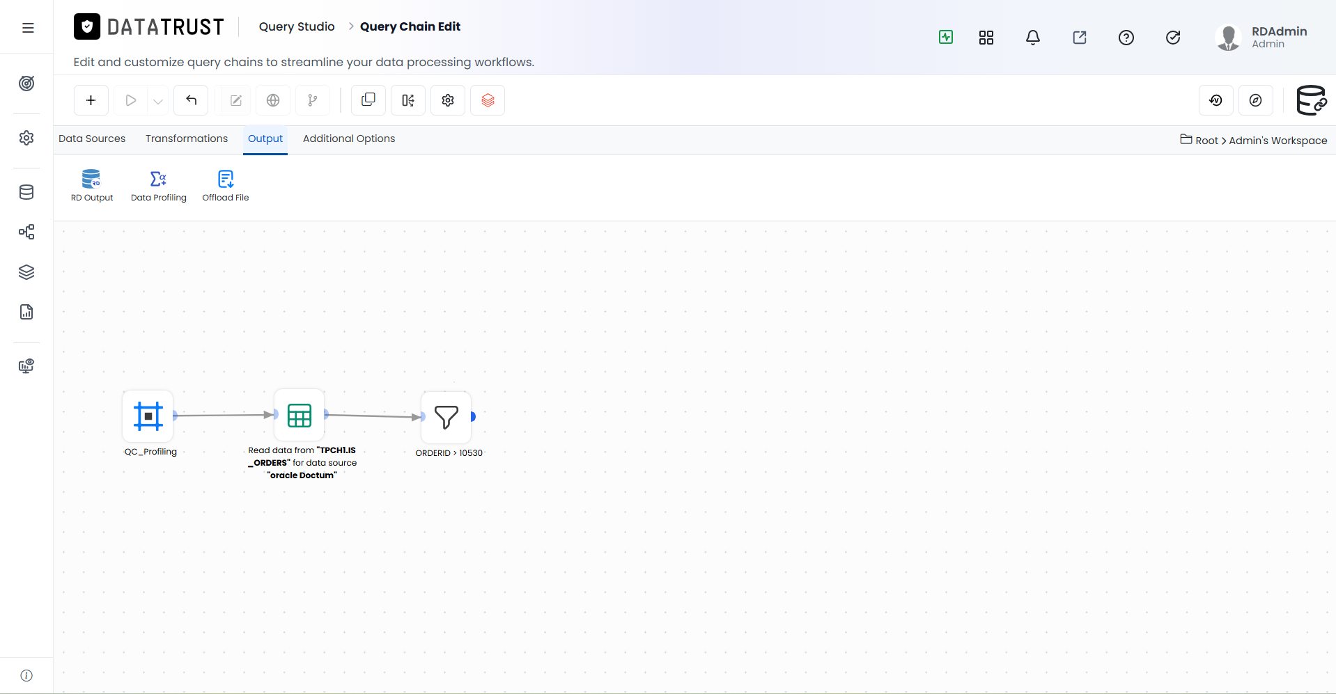 Output tab selected in Query Chain