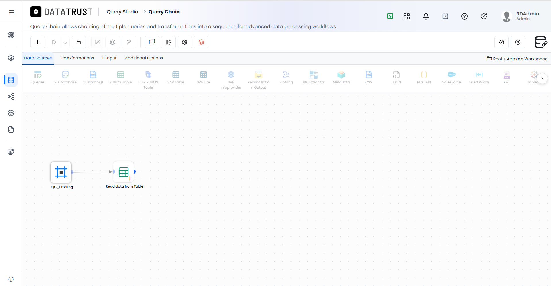 Query Chain canvas with RDBMS widget dragged on