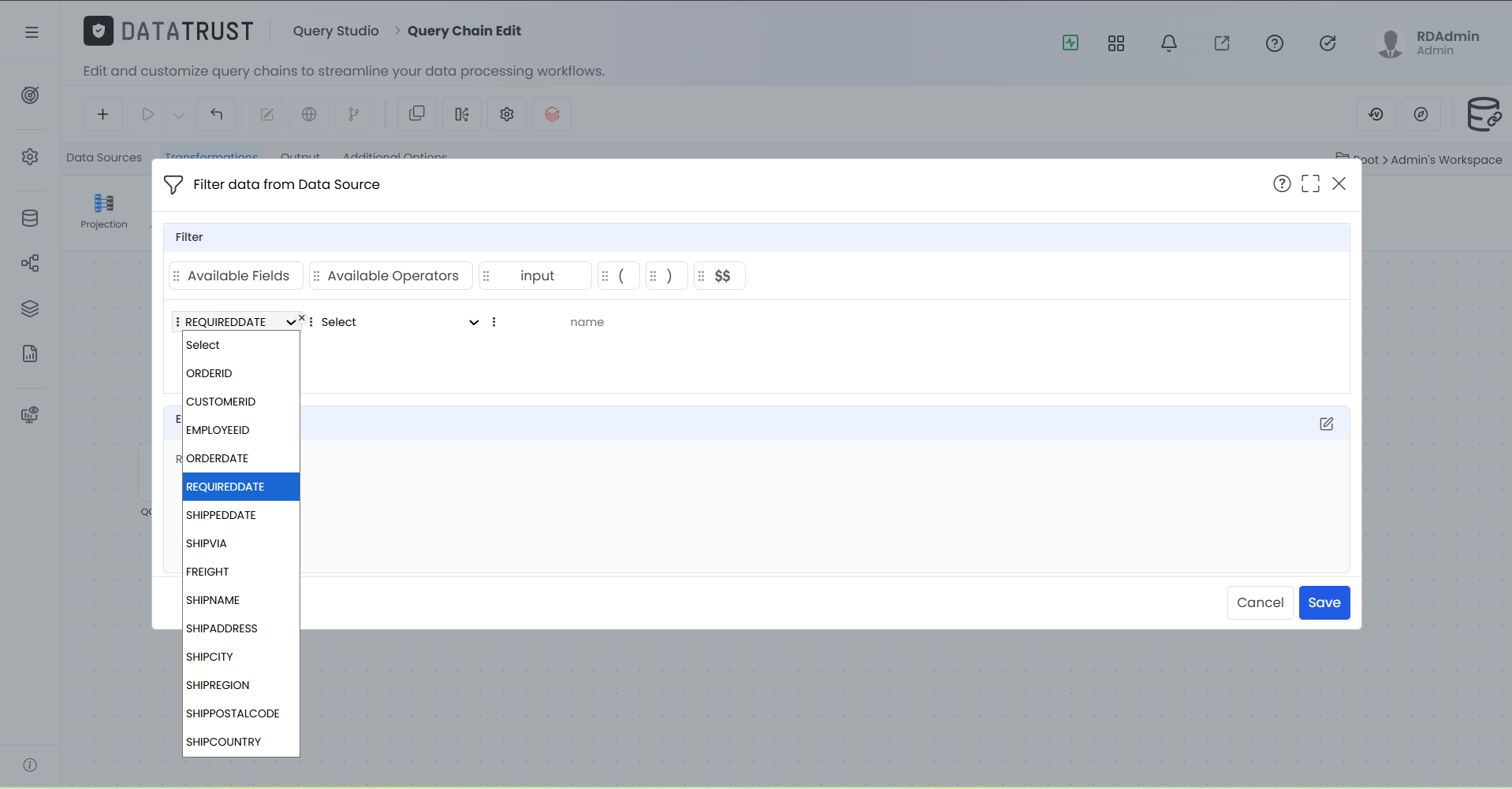 Available Fields dropdown expanded