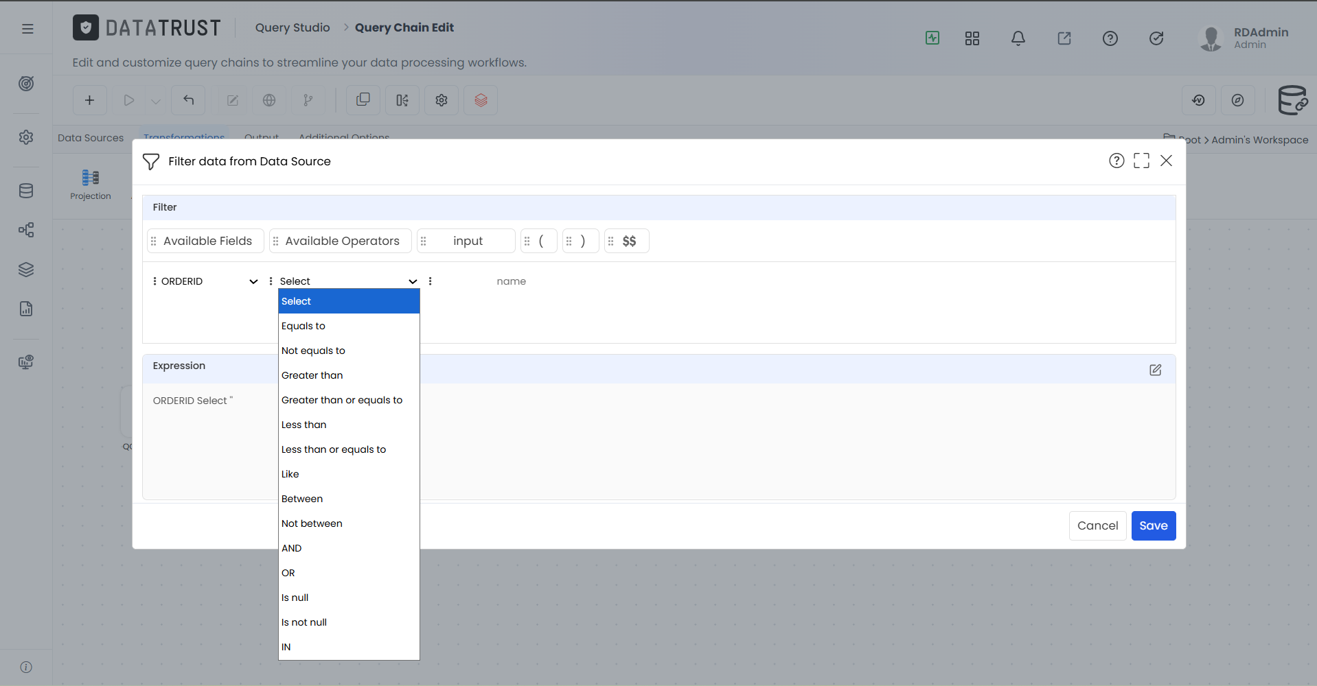 Operator dropdown for filter condition