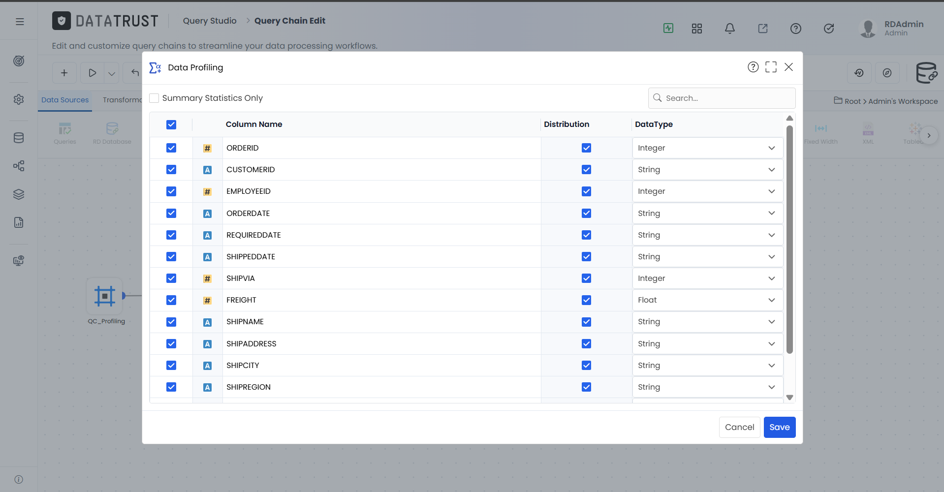 Data Profiling popup configuration