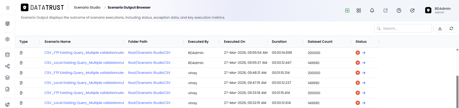 Validation Output Browser — list of validation scenarios filtered by the selected execution status