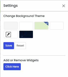 Cockpit Settings panel — showing 'Change Background Theme' and 'Add or Remove Widgets' sections