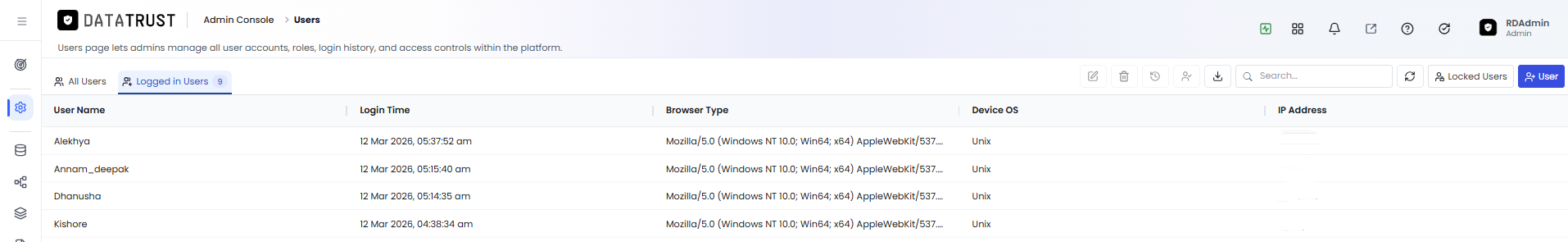 Logged-In Users page — Add User button in the page header
