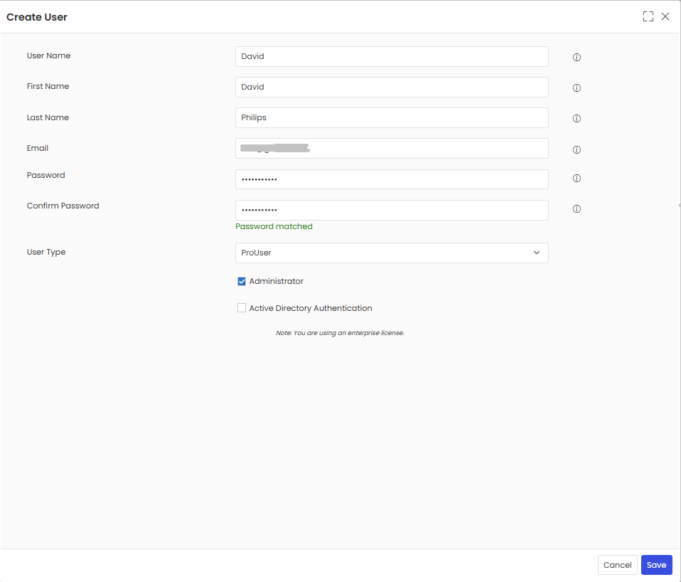 Create User form — fields filled in with new user information