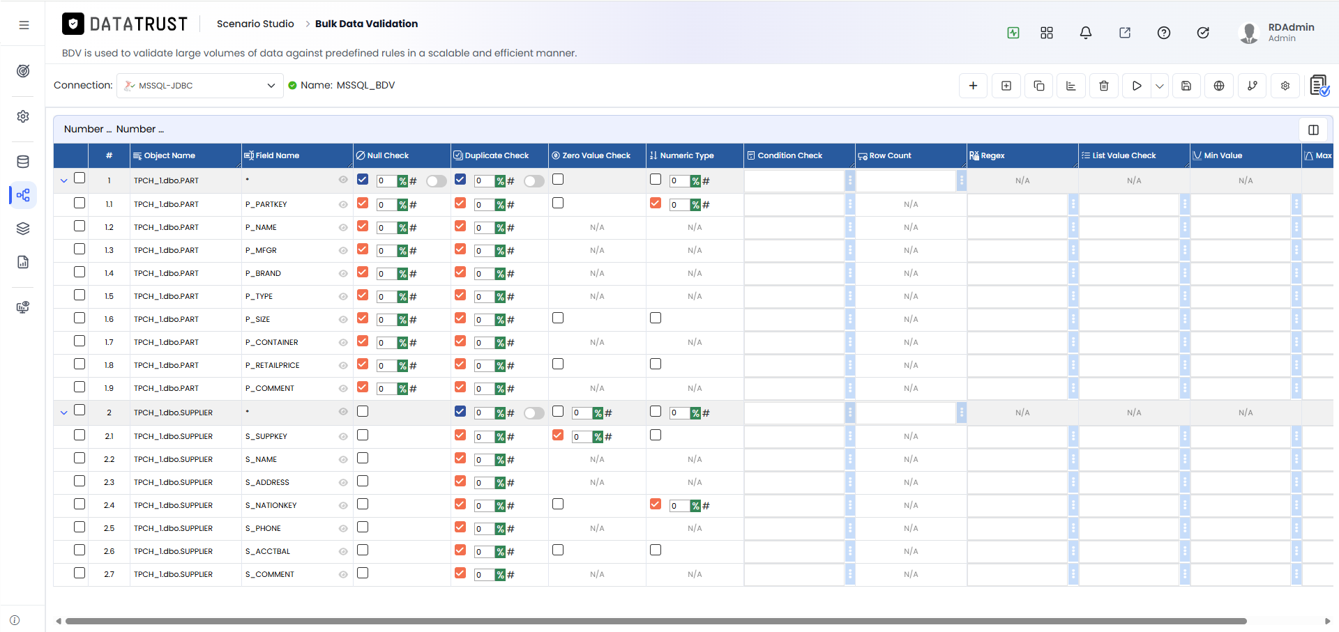 BDV Edit page — opened by clicking a Bulk Data Validation scenario from the list