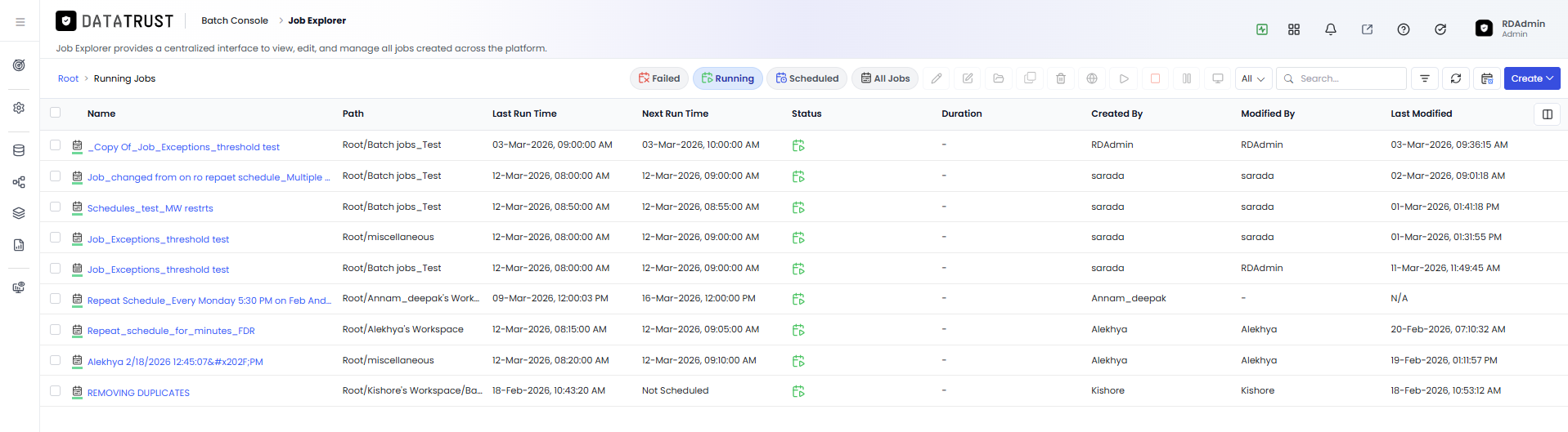 Job Explorer page — list of currently running batch jobs in Data Trust