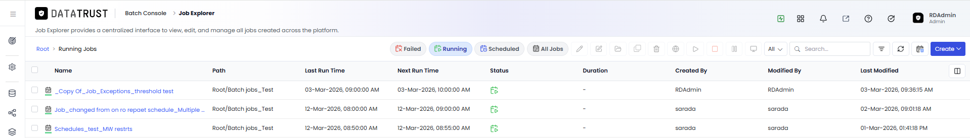 Job Explorer — selecting a specific job from the list