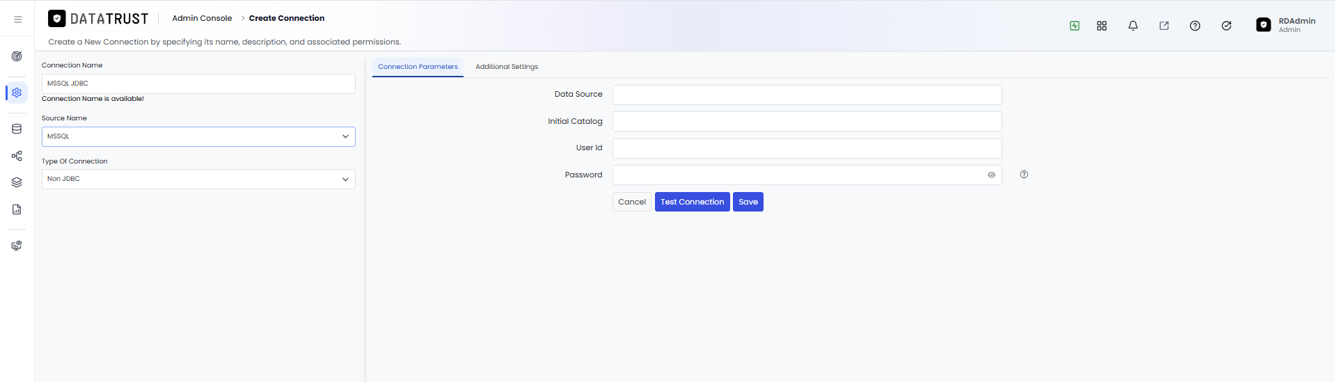 Connection Parameters tab — Non JDBC MSSQL fields