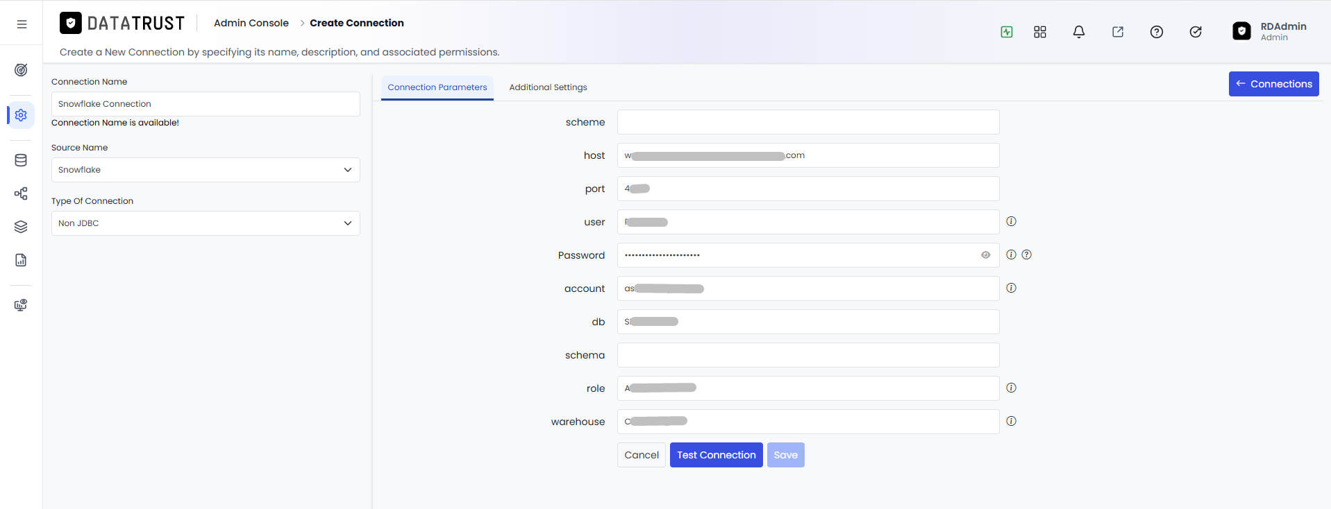 Connection Parameters form fully filled with all Snowflake fields populated