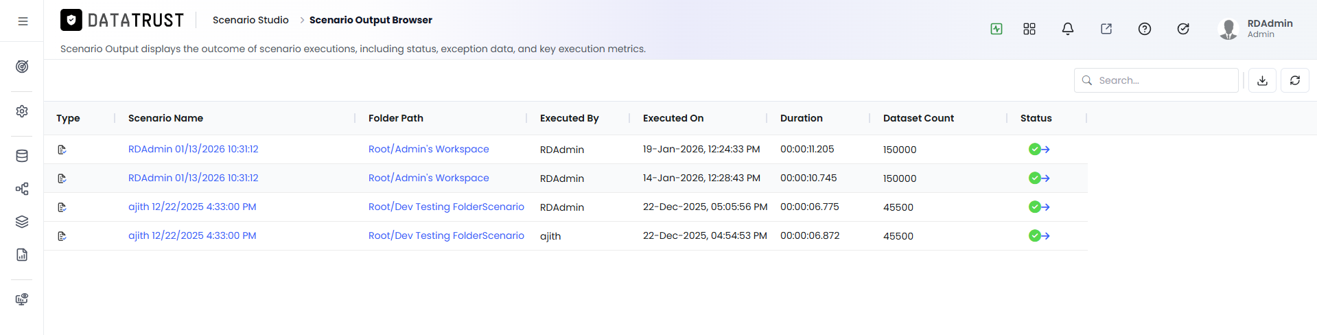 Validation Output Browser — navigated to by clicking the Passed segment
