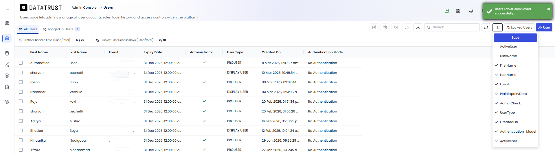 Logged-In Users page — column selection saved successfully