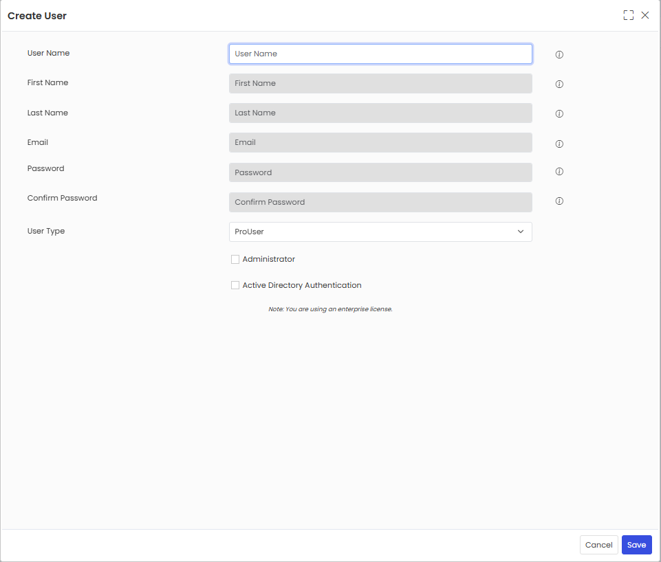 Create User popup — form to enter new user details