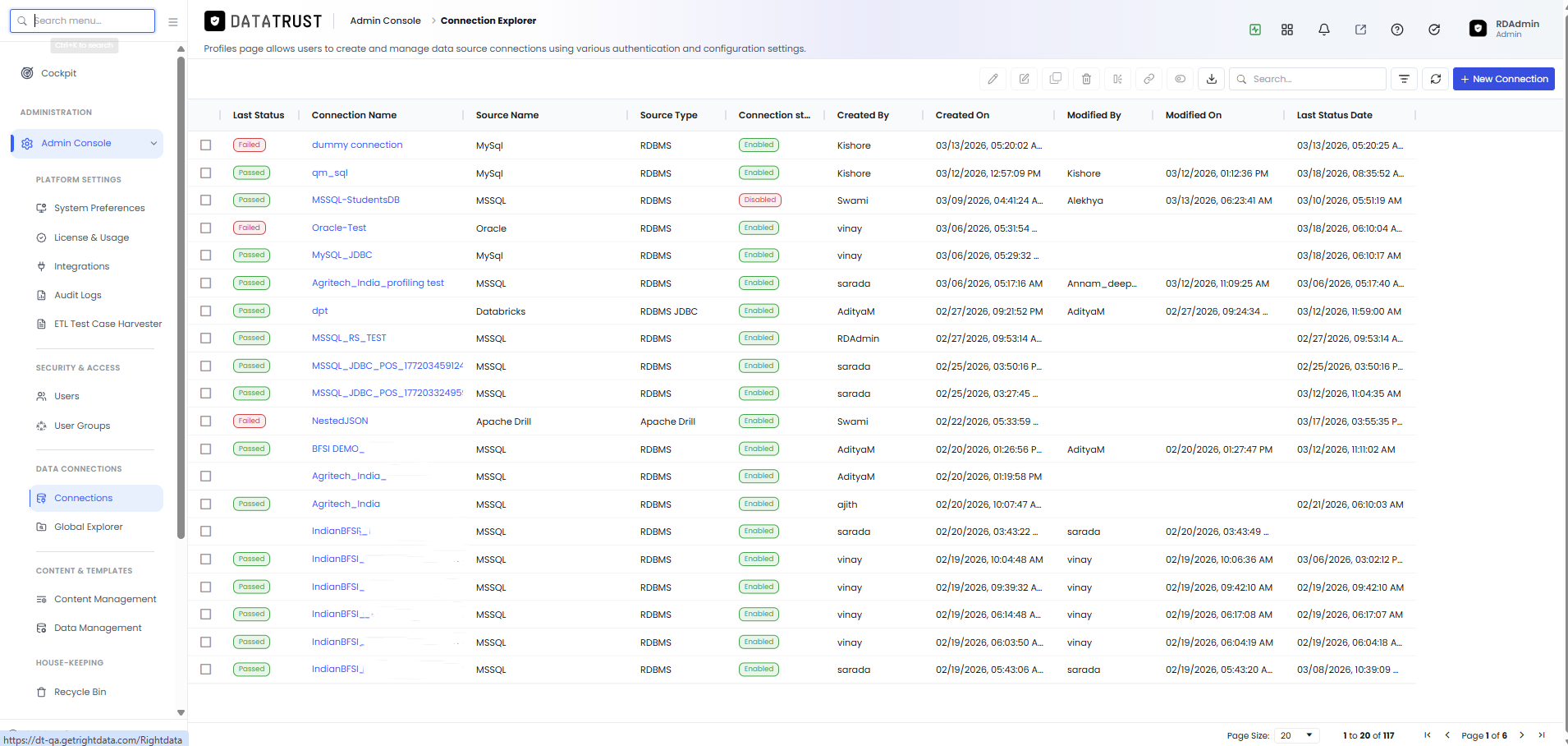 Connection Explorer main listing page