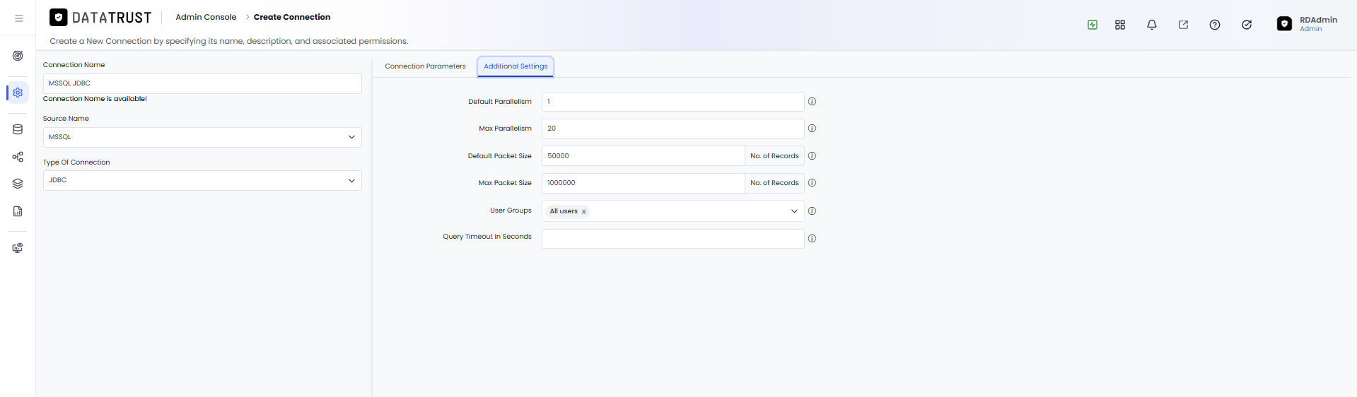 Additional Settings tab showing parallelism, packet size, user groups, and query timeout fields