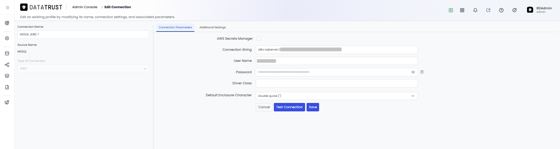 Edit Connection page with existing parameters pre-filled