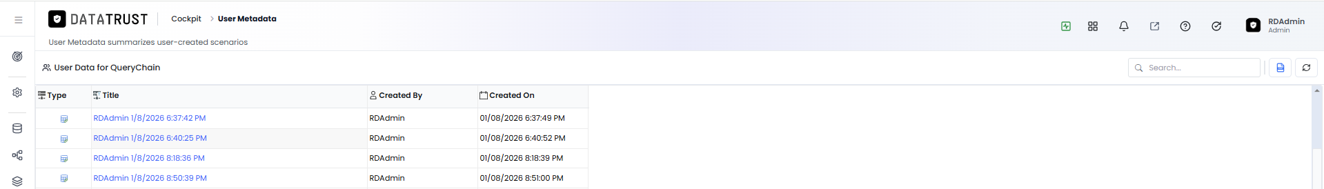 Query Chain title page — opened by clicking a Query Chain in the user data popup