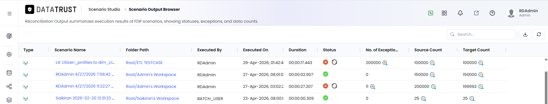 Scenario Output Browser — list of FDR scenarios matching the selected status