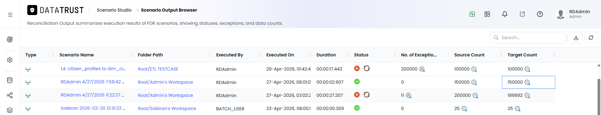 Scenario Execution Summary — clicking the Target Count value