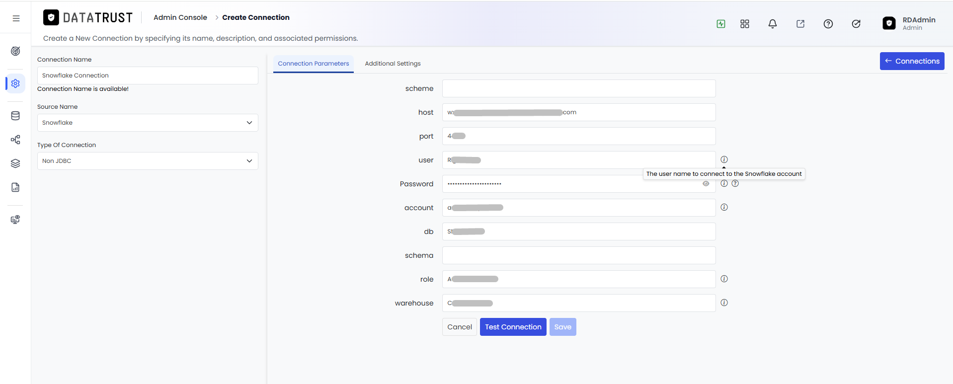 User info icon button on the Edit Connection page