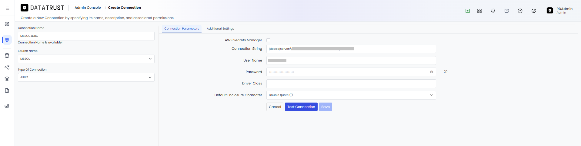 Connection Parameters tab — JDBC connection with fields populated