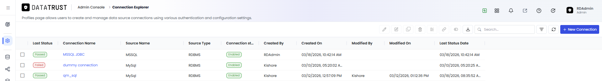 Connection Explorer showing the newly created profile