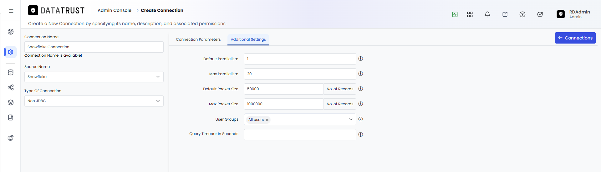 Additional Settings tab for the Snowflake connection