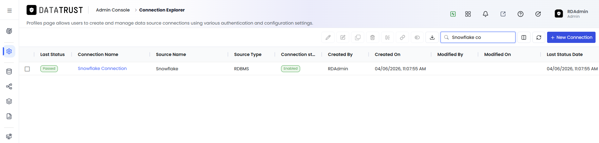 Connection Explorer showing the newly created Snowflake connection profile