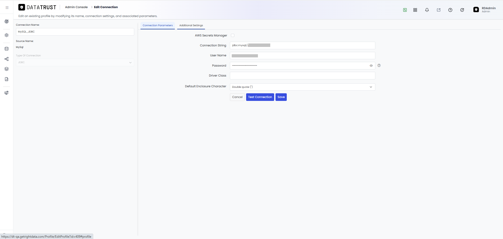 Additional Settings tab selected — Query Timeout In Seconds field visible but empty