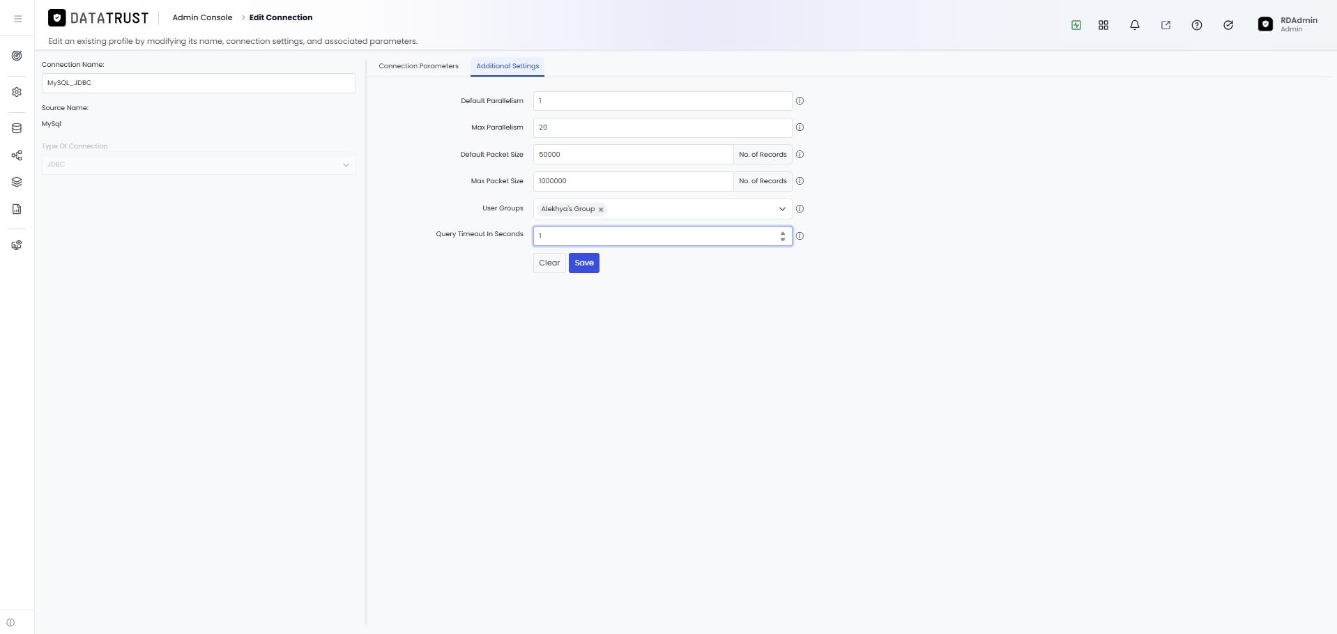 Query Timeout In Seconds field with a value entered