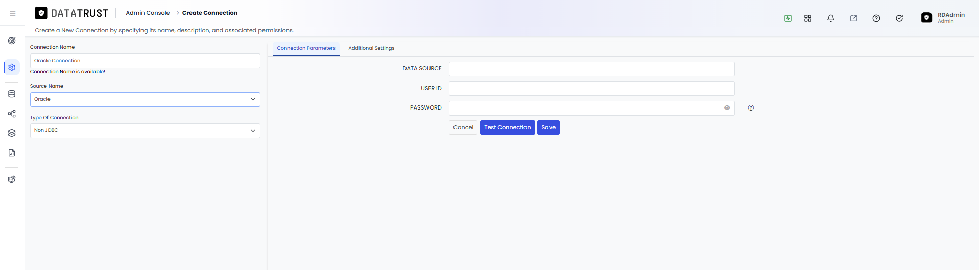 Oracle Create Connection — JDBC type selected showing standard Oracle JDBC fields