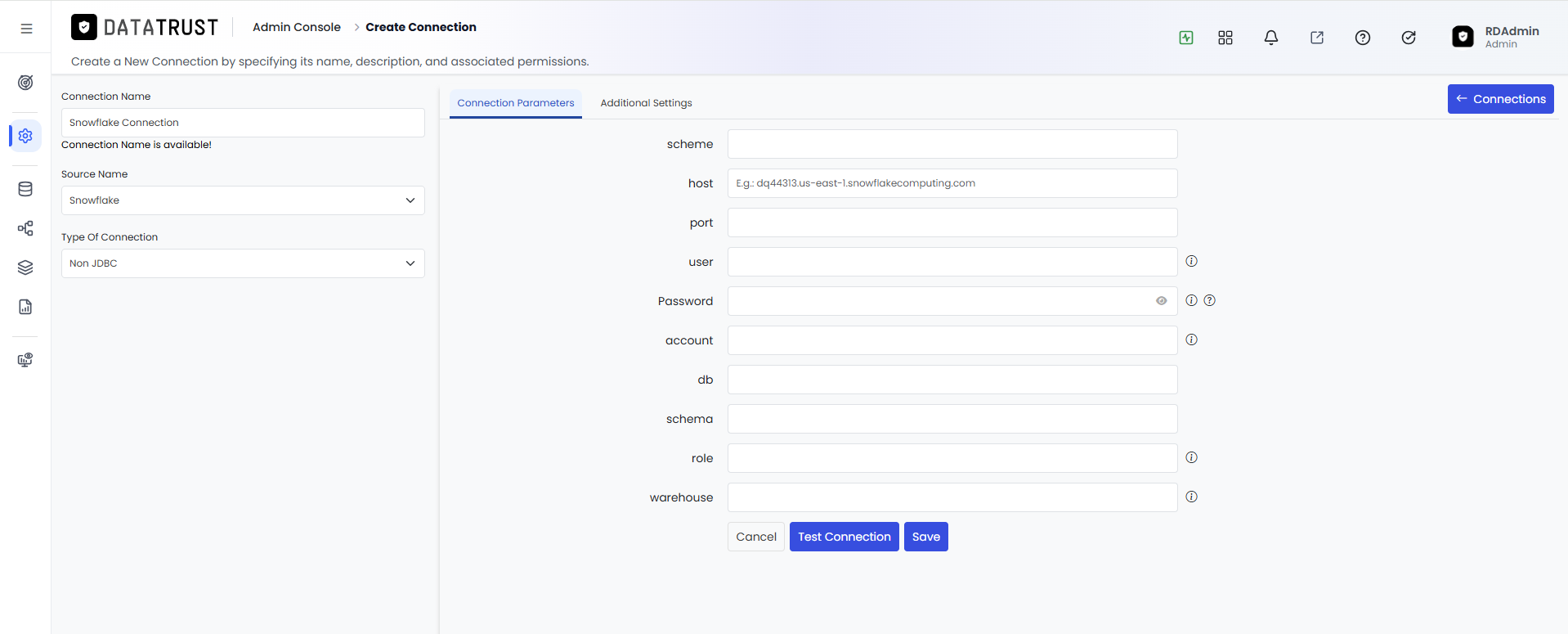 Connection Parameters form partially filled showing scheme and host