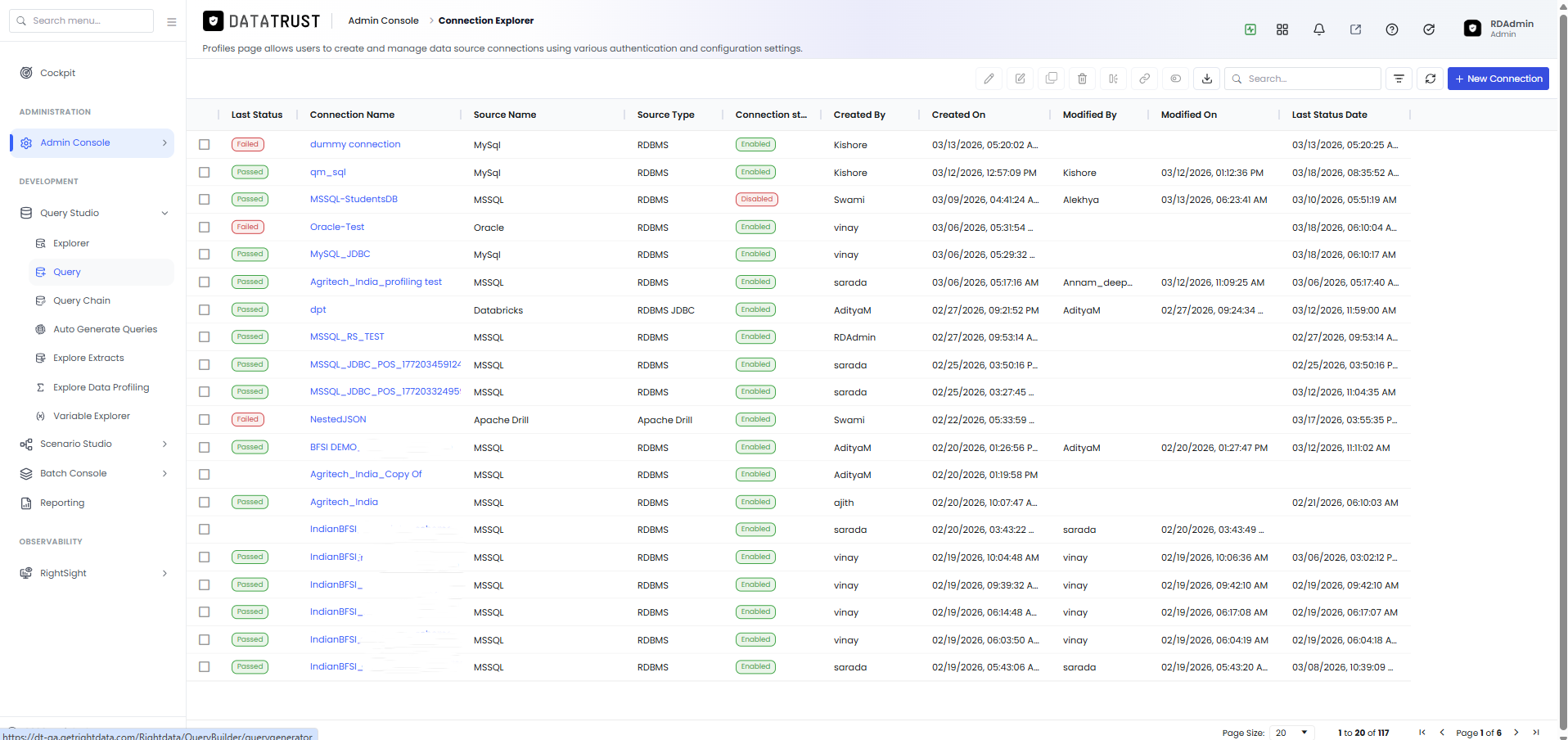 Query Studio connection selector showing the configured connection