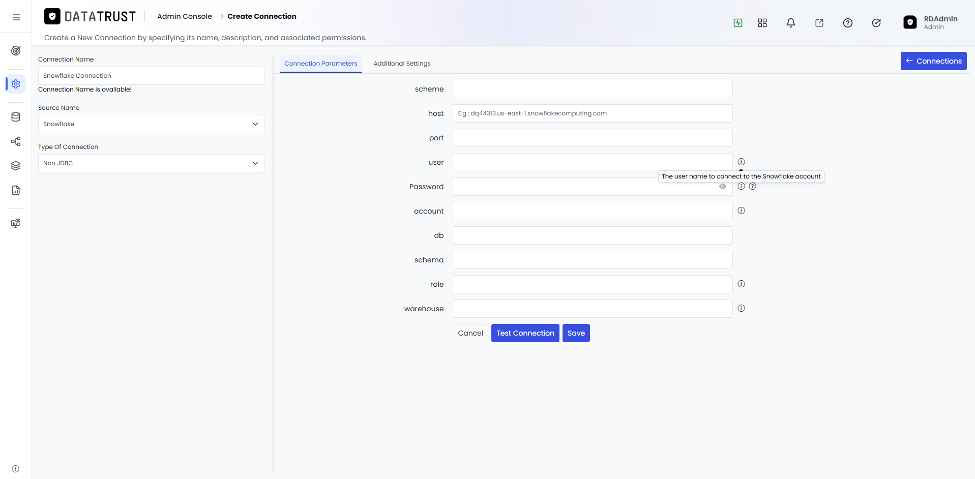 User field with info tooltip showing guidance on the expected user format