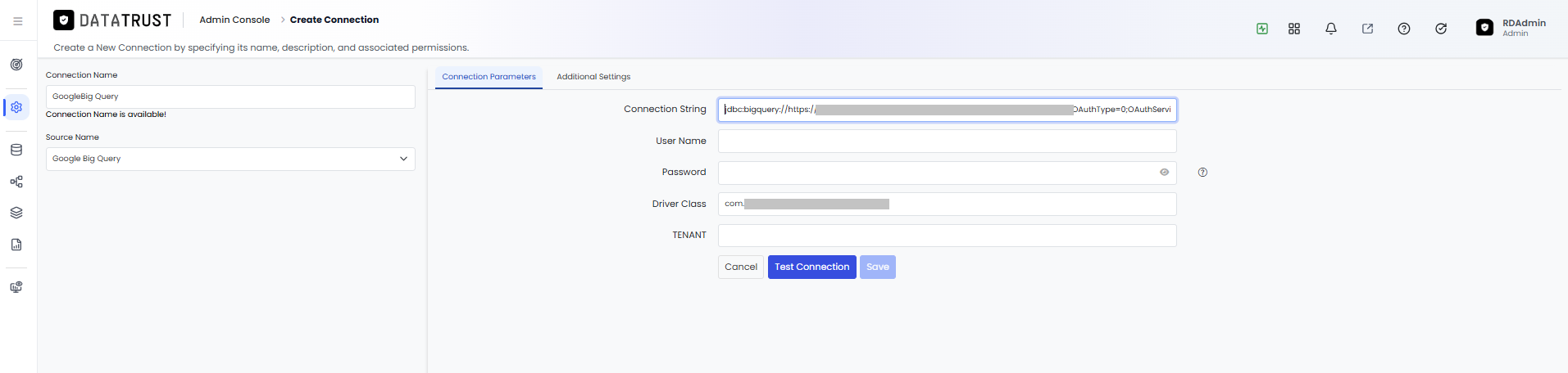 Additional Settings tab for the BigQuery connection