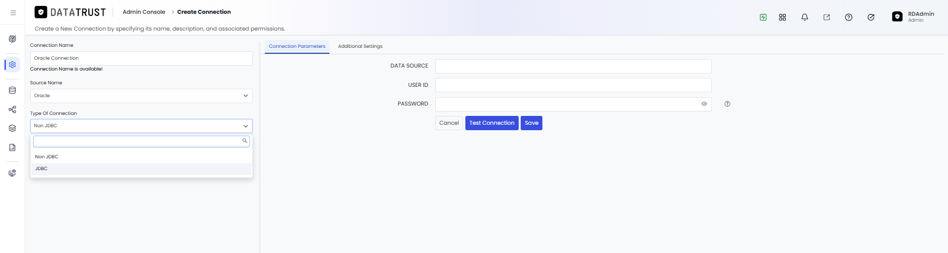 Connection Type dropdown showing JDBC selected for Oracle