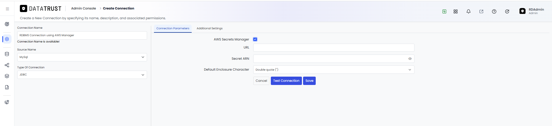 AWS Secrets Manager checkbox ticked — URL and Secret ARN fields replace User Name and Password