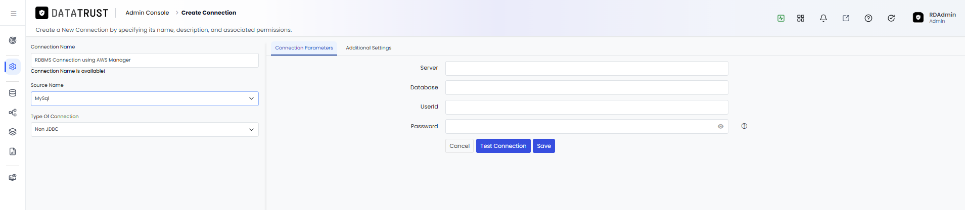 Connection Parameters tab with Connection String, User Name, and Password fields
