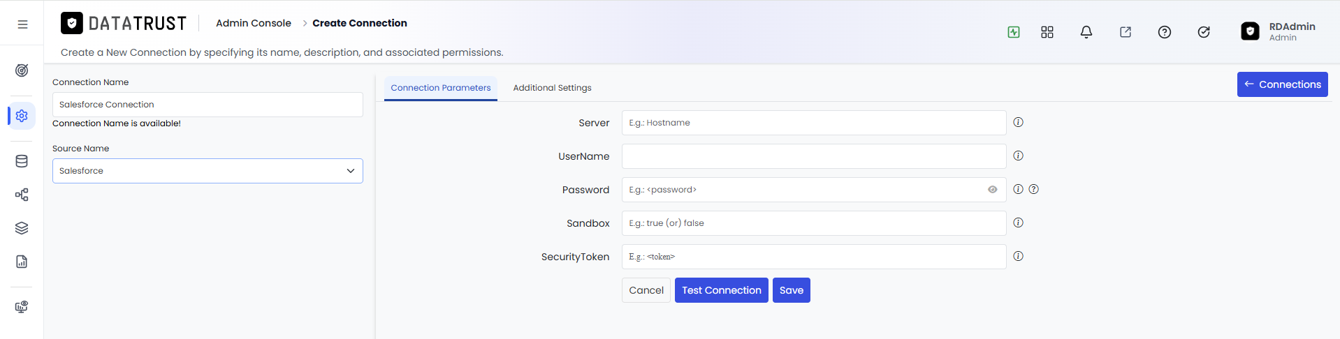 Connection Parameters tab with all five fields populated