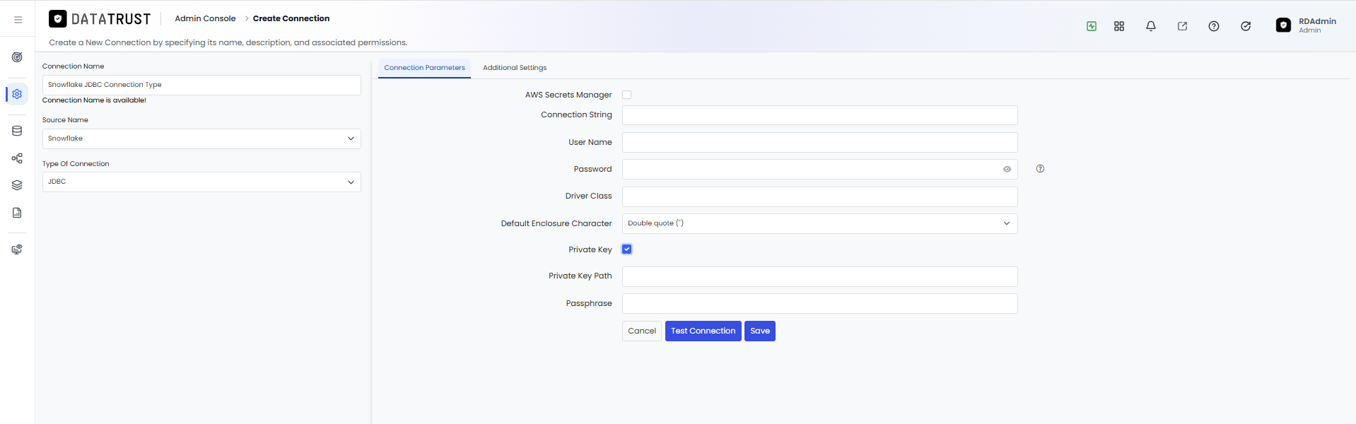 Private Key checkbox ticked — Private Key Path and Passphrase fields are now enabled