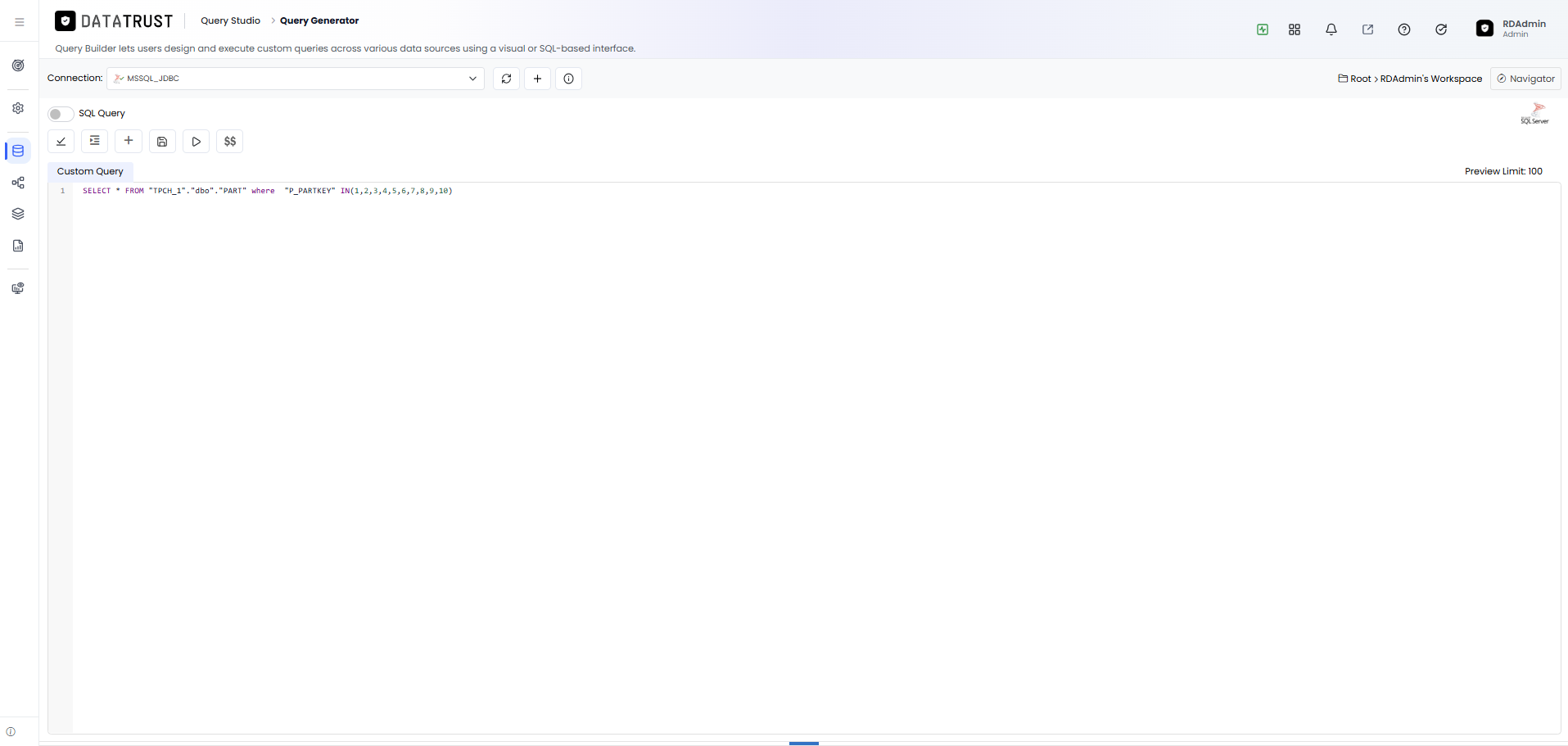 Query Studio with a custom SQL query ready to execute