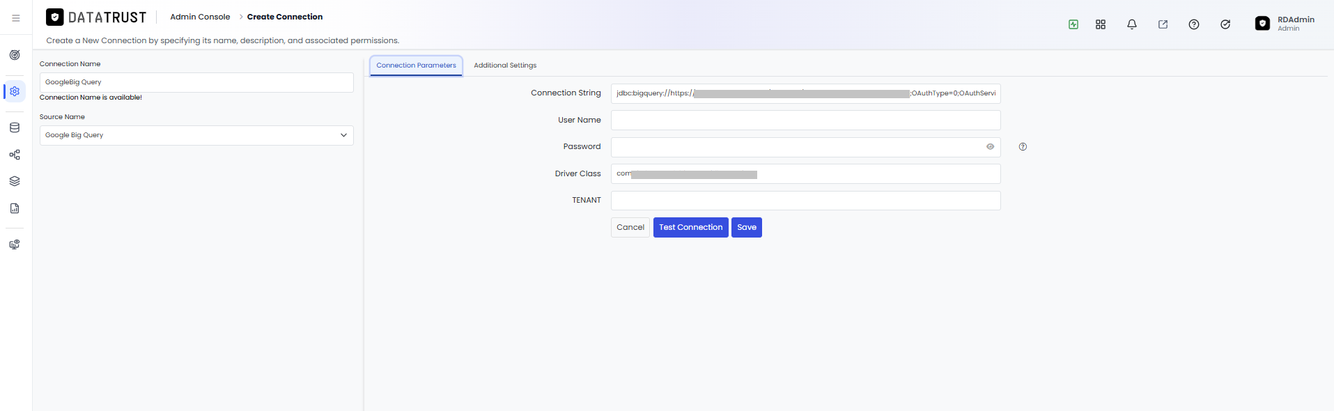 Test Connection button on the Create Connection page