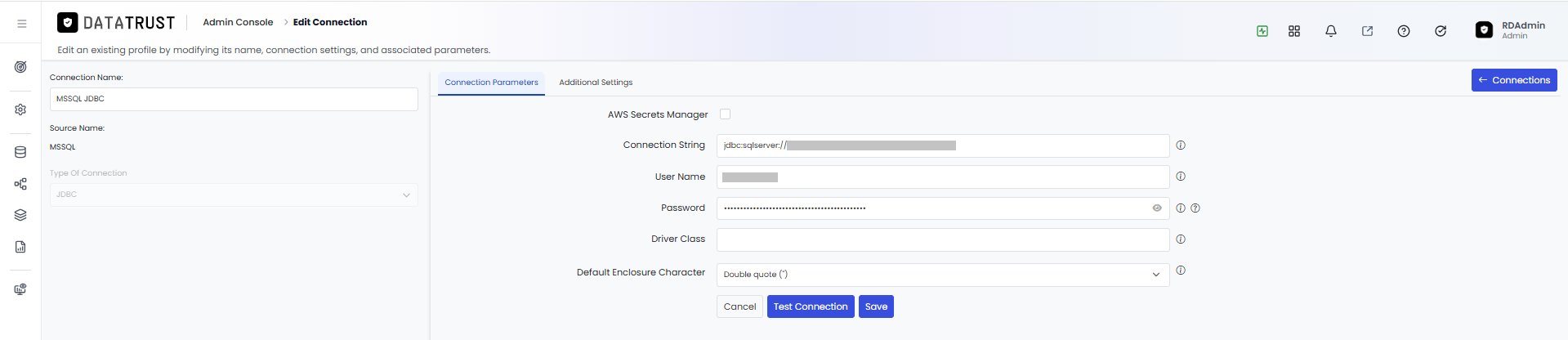 Edit Connection page showing the current connection details
