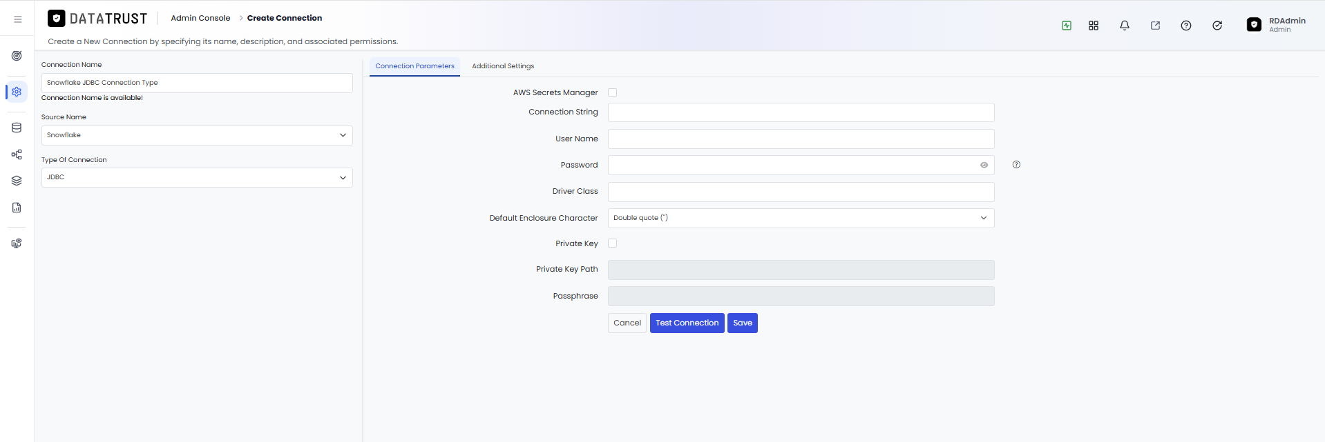 Private Key checkbox unchecked — Private Key Path and Passphrase fields are greyed out