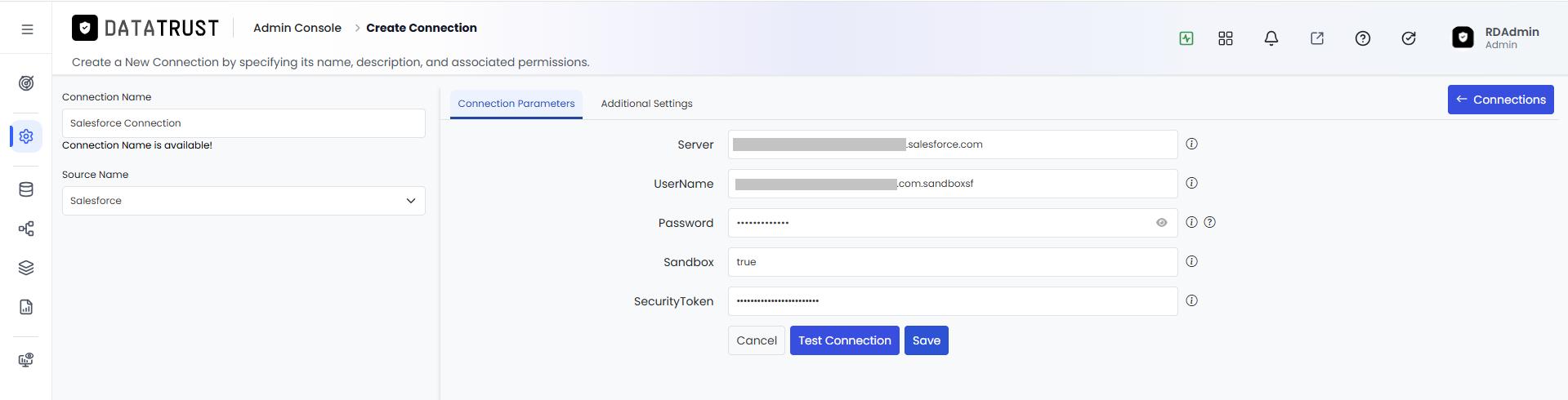 Save button on the Create Connection page