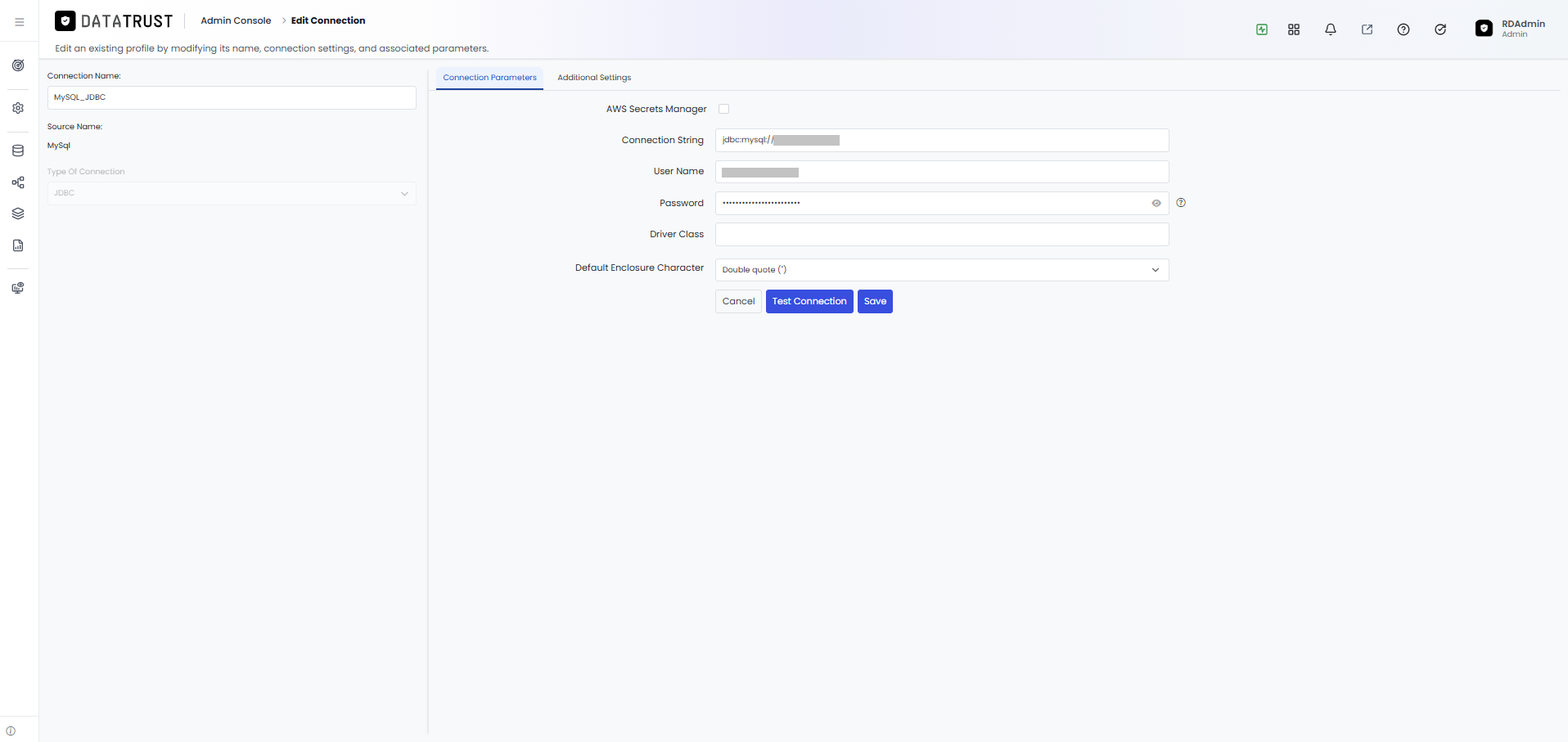 Edit Connection page on the Connection Parameters tab