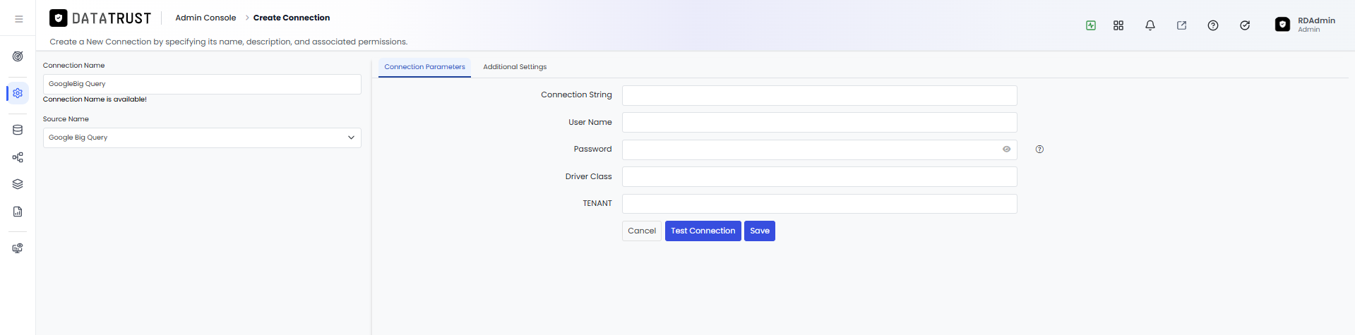 Connection Parameters tab for Google BigQuery with all fields visible